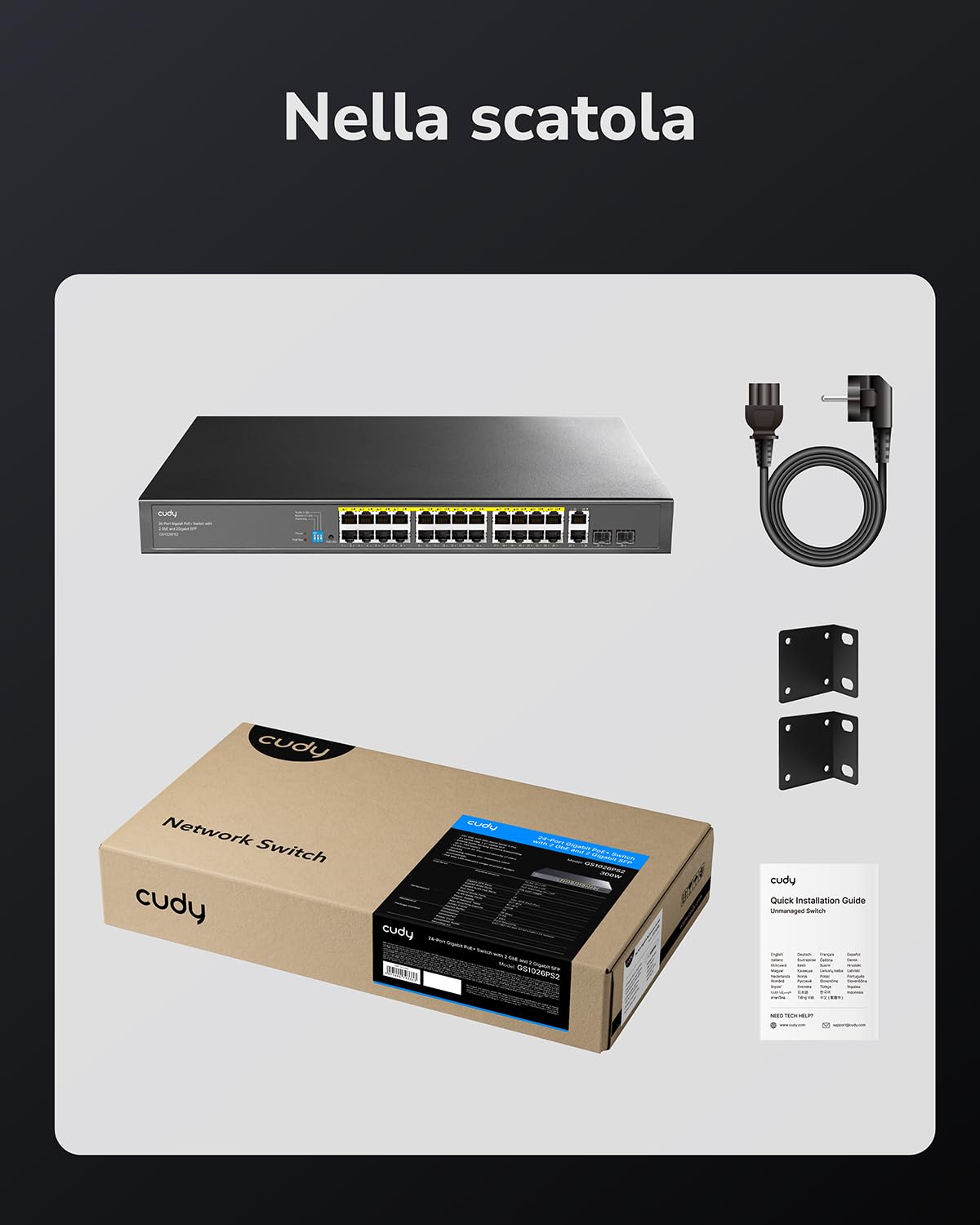 Cudy Switch PoE+ Gigabit 28 Porte 24+2+2SFP, 250W, VLAN, QoS, Metallo GS1026PS2