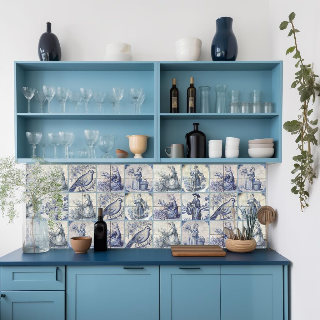 Mi Alma Delft Peel and Stick Tile Stickers, 24 Patterns, 6x6 Inch, Blue, Geometric, Rustic, Waterproof, Vinyl, Wall Decal