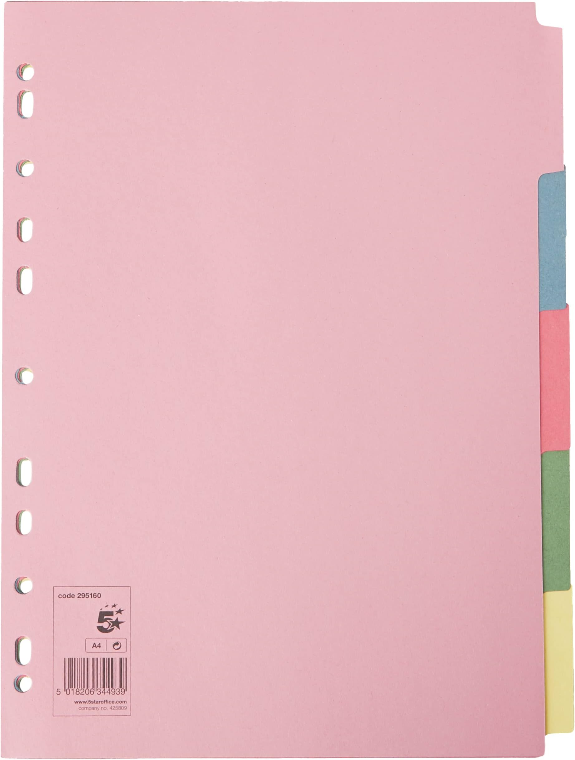 Office Subject Dividers Multipunched Manilla A4 Card - Pack of 5, Assorted