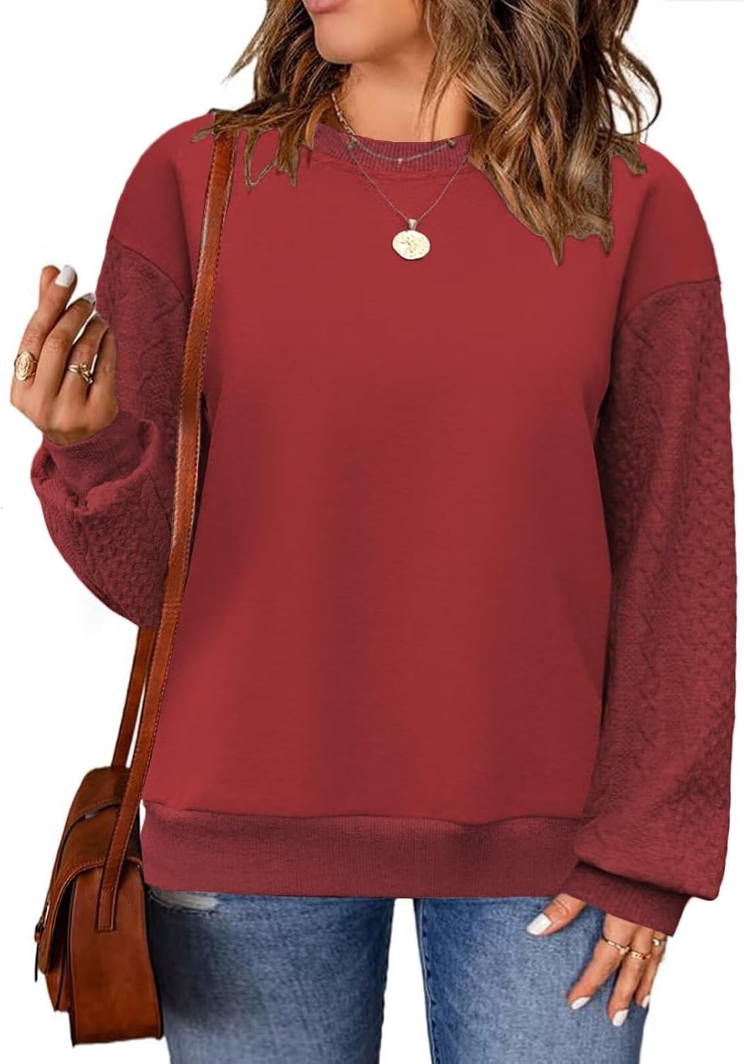 DOLNINE Plus-Size-Sweatshirts for Women Casual Crewneck Tops Cable Knit Sleeve Loose Fit Pullover Shirts XL-5XL