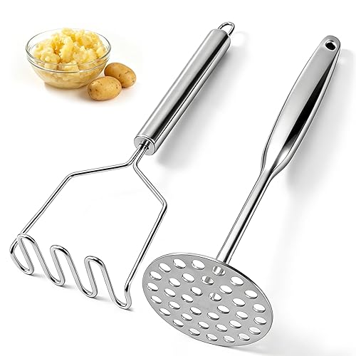 Potato Masher Stainless Steel 2-Pack Heavy Duty Wave & Round