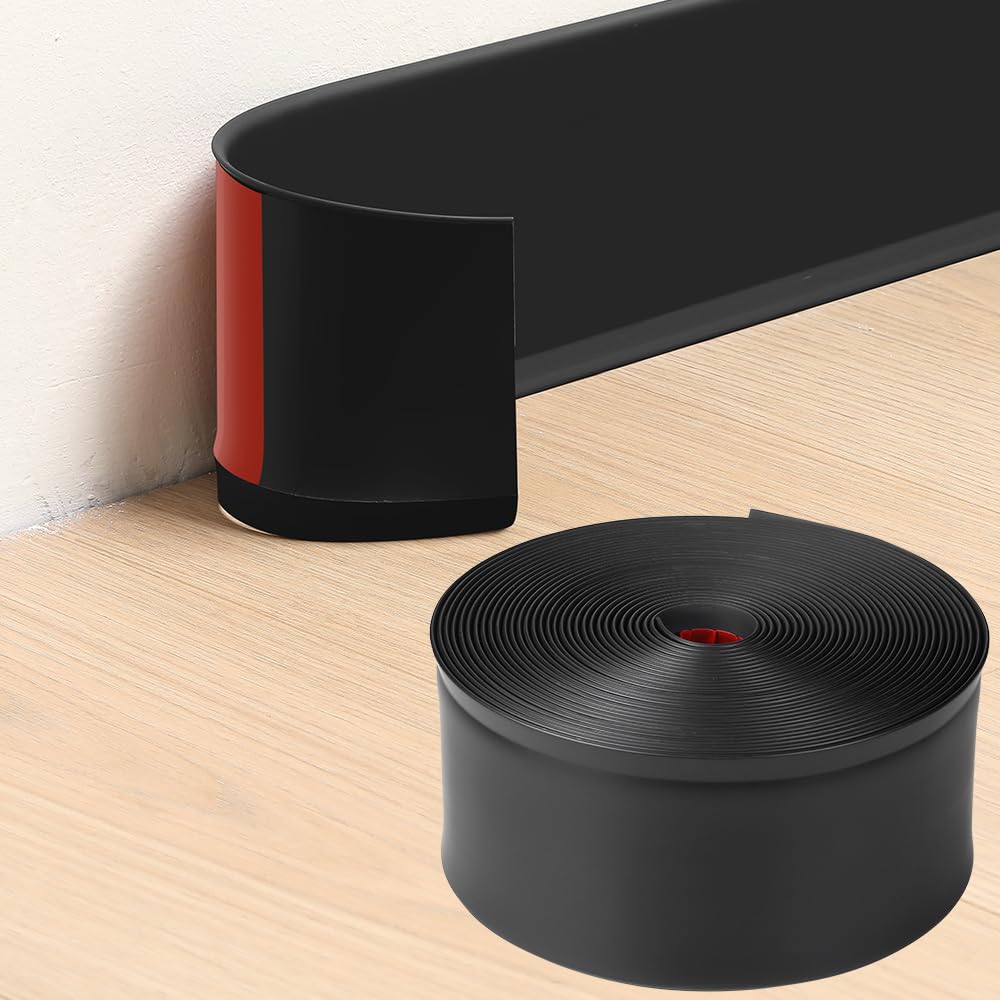 Modanatura flessibile per battiscopa, design autoadesivo in vinile, base da parete in gomma, 10,2 cm (larghezza) x 12,2 m (L), nero