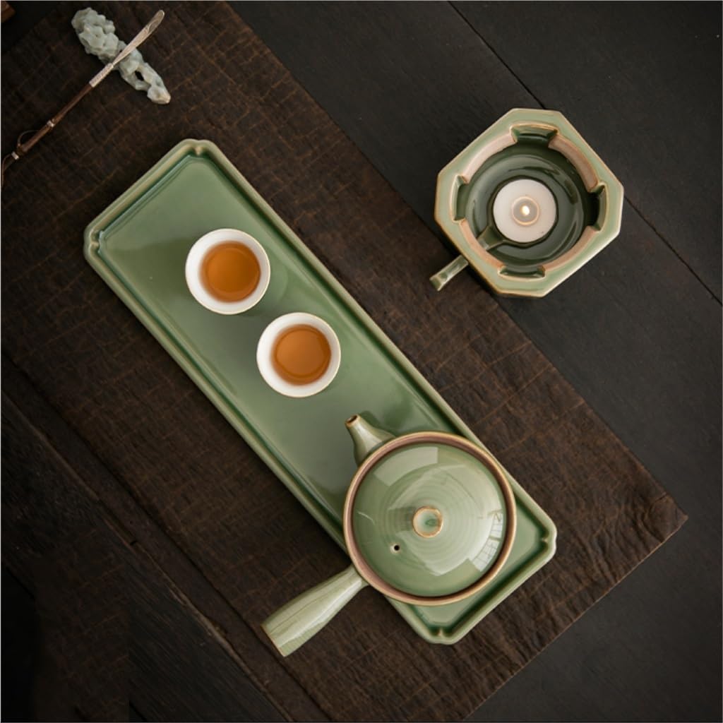 Plateau à Café de Table Plateau à thé rétro en céramique, Plateau à Bulles sèches, rectangulaire, Plateau de Rangement de Cuisine Vert en Bambou Plateau à thé de Bureau