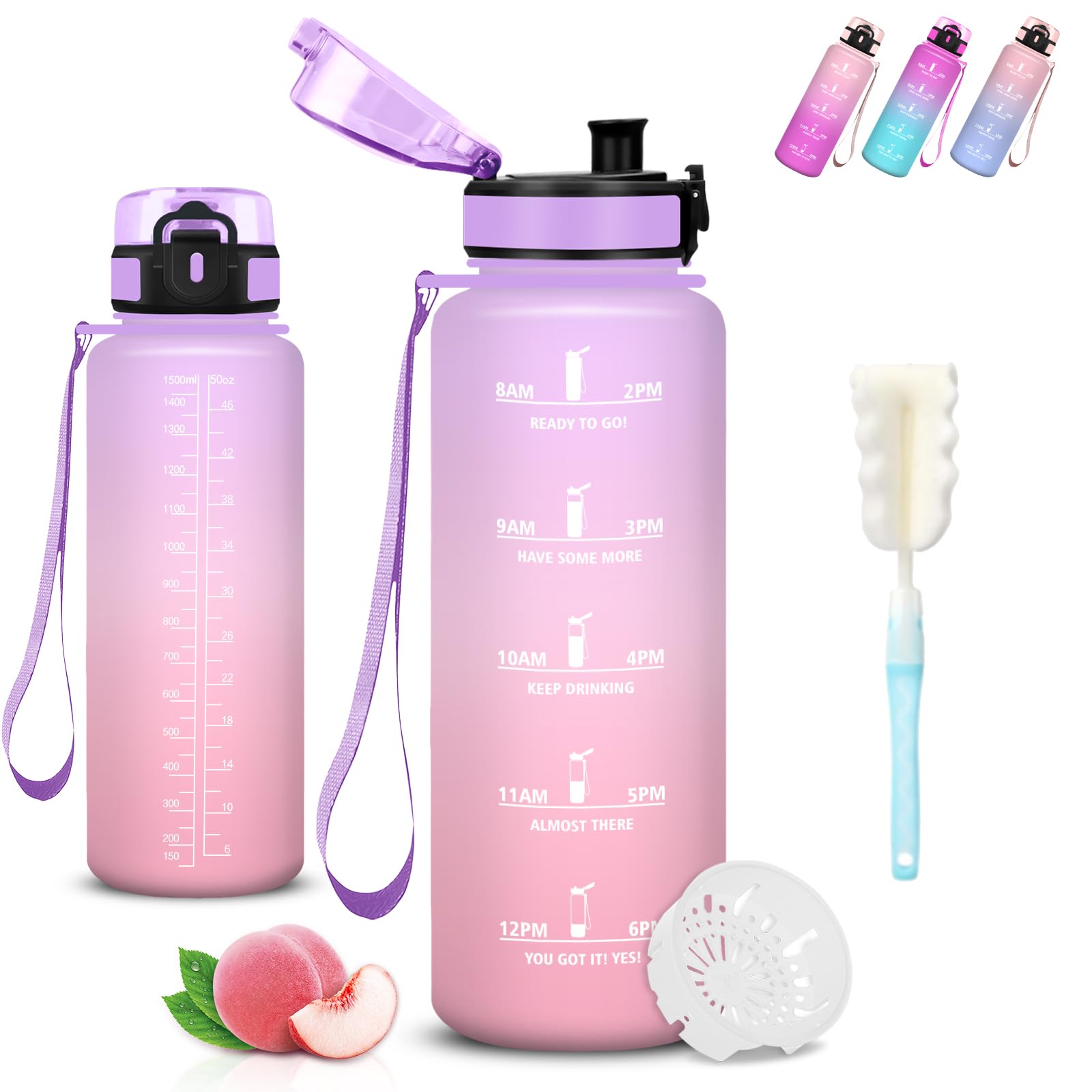 Mujigaga 1.5L Water Bottle Gym Leakless Motivational Water Bottle with Sponge Brush Motivational Slogan for Triathlon Camping Travel Hiking