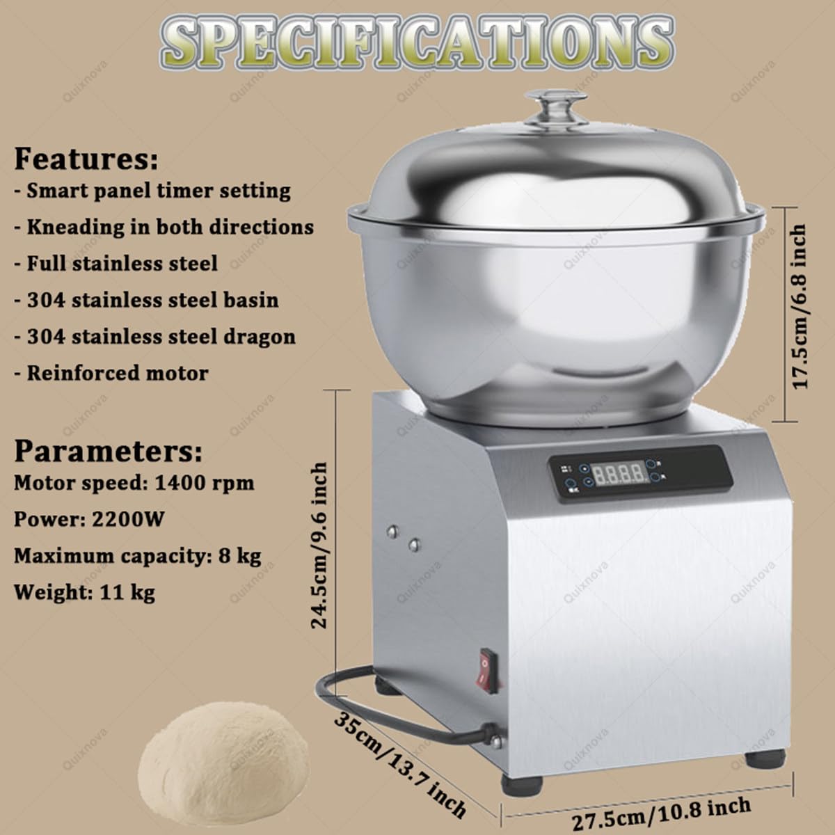 Impastatrice Commerciale a Spirale elettrica da 5 kg/8 kg, 1800 W/2200 W, Doppia Macchina impastatrice Rotante in Acciaio Inox con Coperchio e Timer per ristoranti, pizzerie e panetterie 8kg