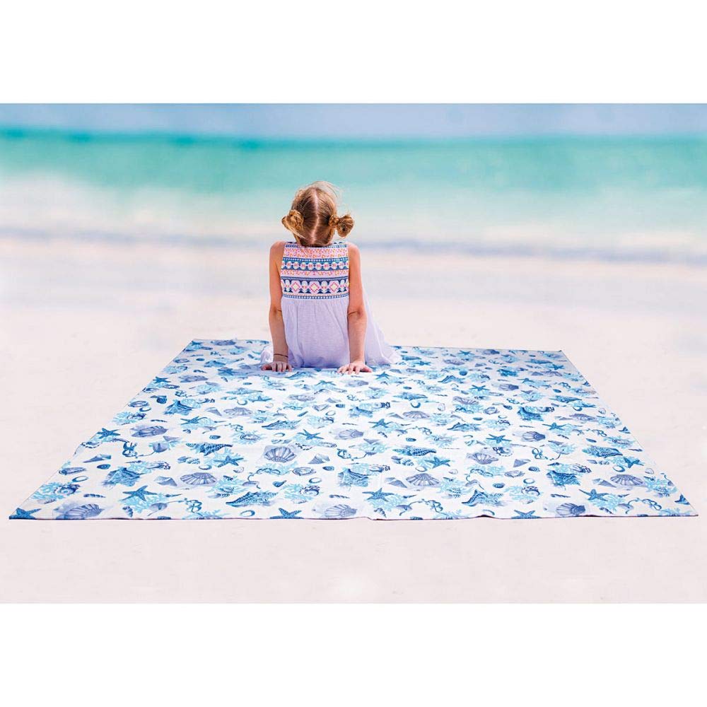 Sand Free Beach Mat Starfish and Seashells Extra Large 79 x 79 inches (200 x 200 cm) Water Repellent