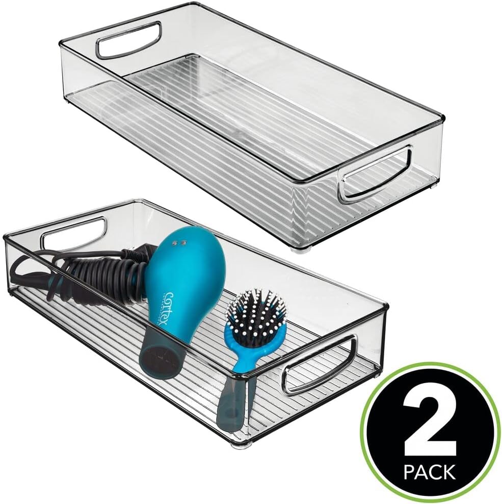mDesign Plastic Stackable Storage Container Bin with Handles - Bathroom Cabinet Organizer for Makeup, Shampoo, Conditioner - 16" Long, 2 Pack - Smoke Gray