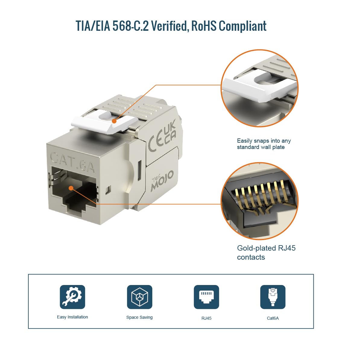 Tecmojo 24× CAT6A STP ekranowany Moduł Keystone RJ45, 10 Gigabit, AWG 22-24, beznarzędziowe gniazdo montażowe do kabla LAN, panelu krosowego i gniazda sieciowego, 24 sztuki, Srebrny