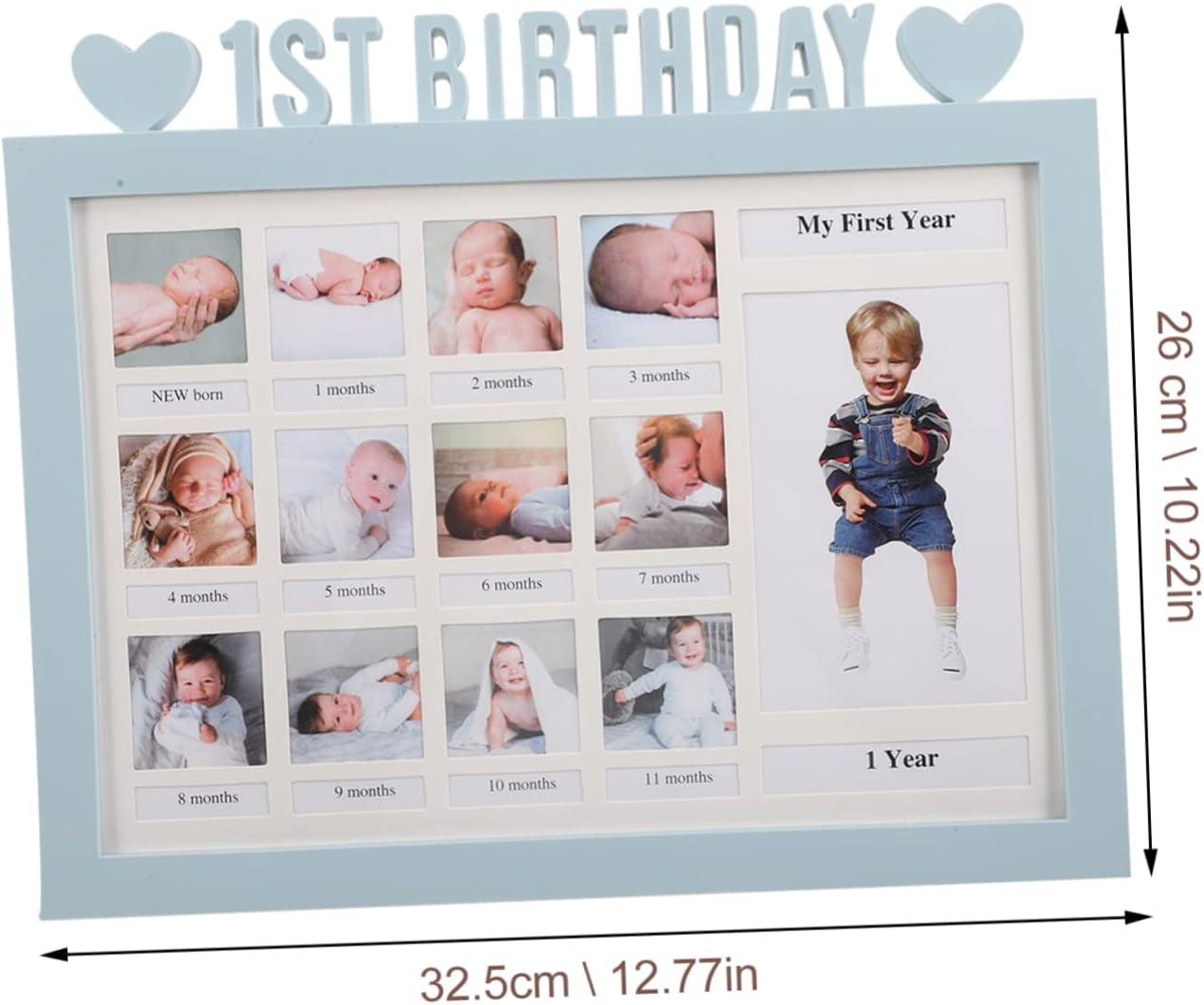 VICASKY Boy Birthday Photo Frame Blue Month Growth Milestone Display for First Year Keepsake Compact Multi Picture Frame for Newborn Memory Recording and Nursery Decor Gift