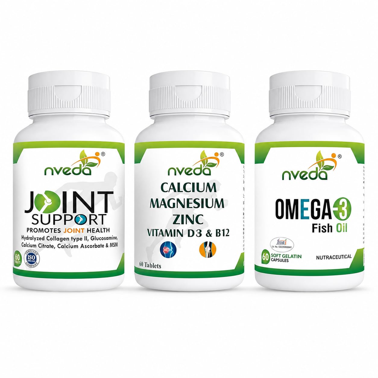 Nveda Omega 3 Fish Oil + Joint Support & Calcium Tablets Combo | Glucosamine, Collagen Type II, Calcium, Magnesium, Zinc, Vitamin D3 & B12 | Supports Heart, Bones & Joint Health | Pack of 3-image-46