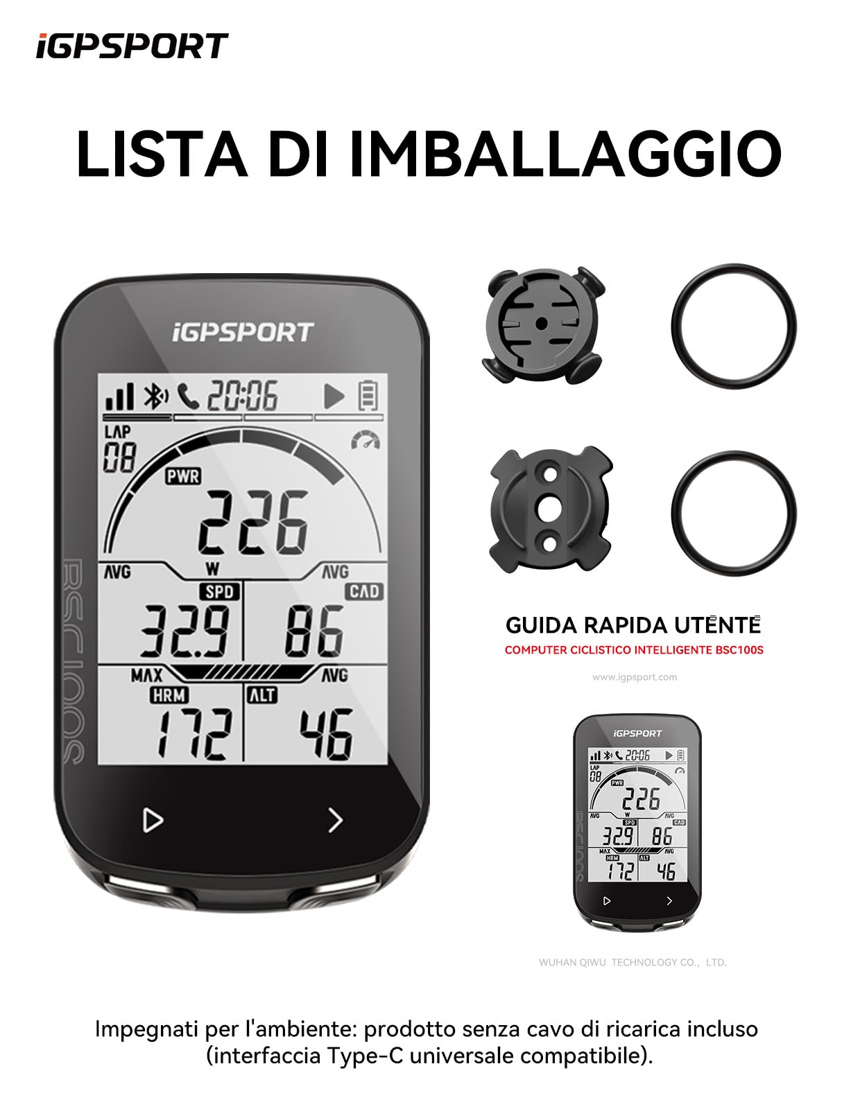 iGPSPORT BSC100S Ciclocomputer GPS Compatibile Contachilometri Bici Senza Fili Display 2,6" Tachimetro Retroilluminazione Automatica Impermeabile Bluetooth 5.0 ANT+