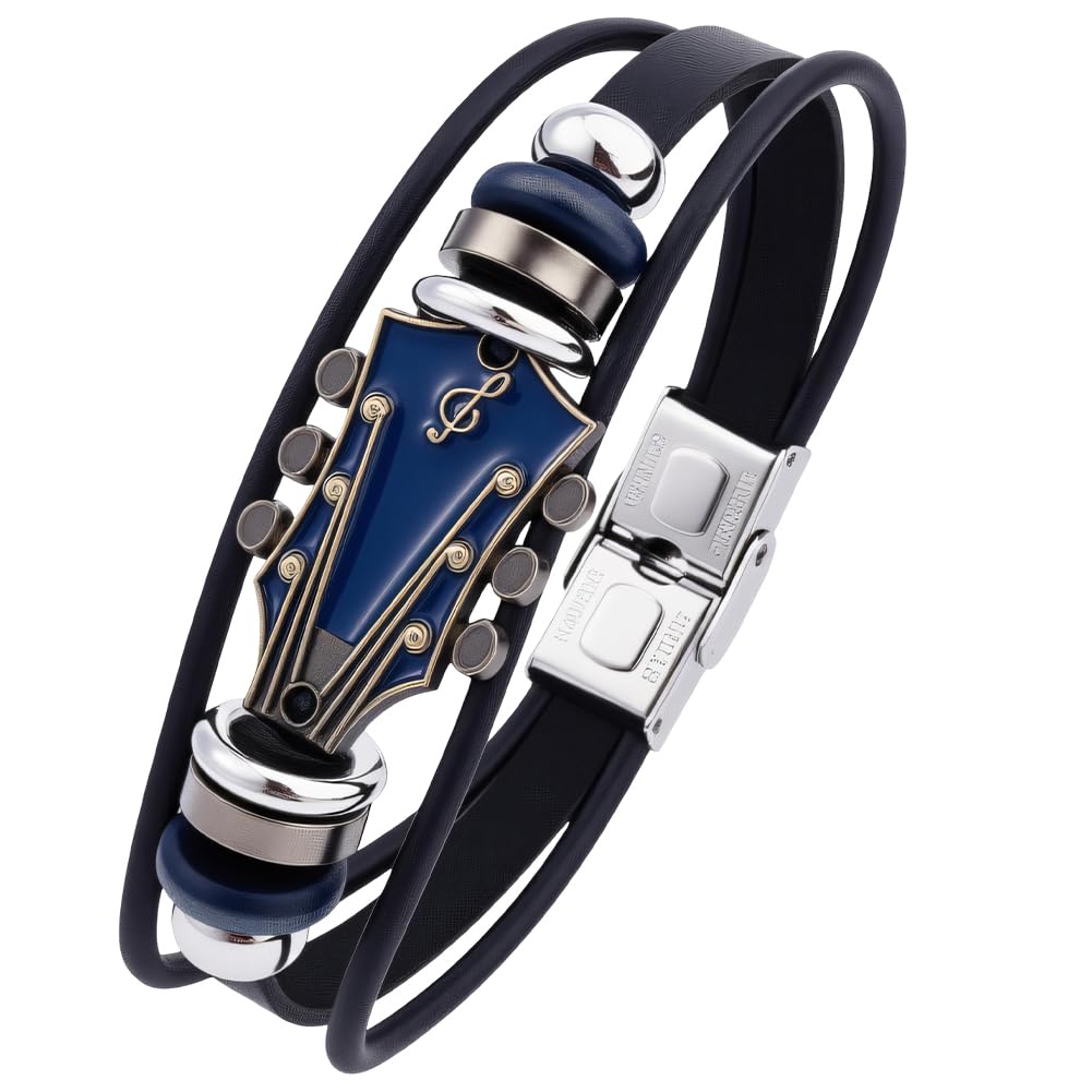 CALFOVERA CALFOVERA Pulsera Retro de Cuero Sintético Multicapa con Forma de Guitarra, Estilo Étnico Tribal, Apilable, con Cordón Trenzado de Cuero, Brazalete de Estilo Punk Rock, Ideal para Hombres