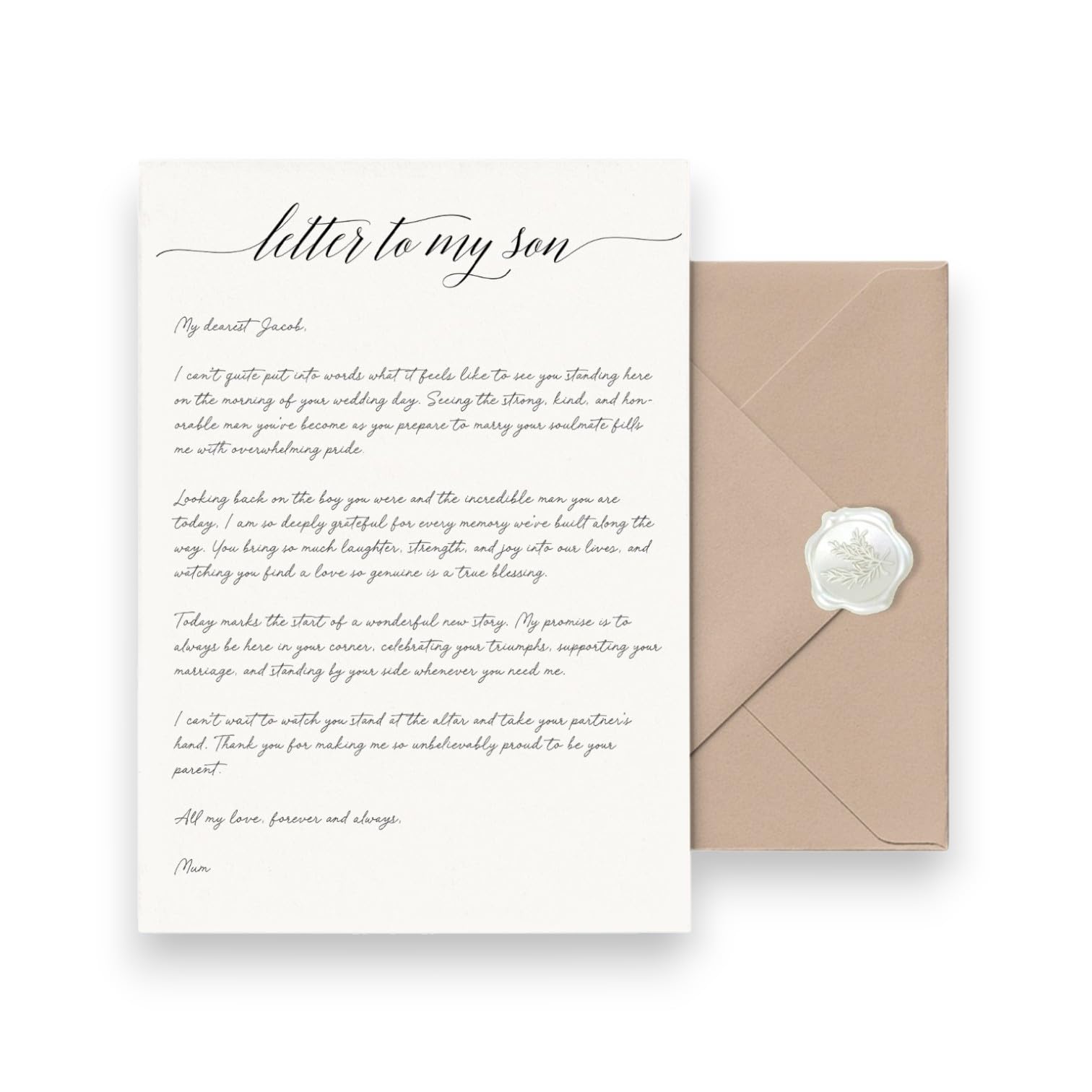 Paper Amor Personalised Letter to my Son on His Wedding Day Minimalist, Custom Son Wedding Letter Black and White, WITH ENVELOPE & WAX SEAL
