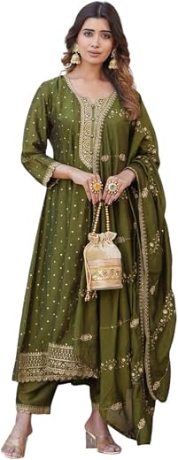 Kaari Women's Embroidered Kurta Set with Dupatta - Festive Kurta Set for Women Polyester Blend