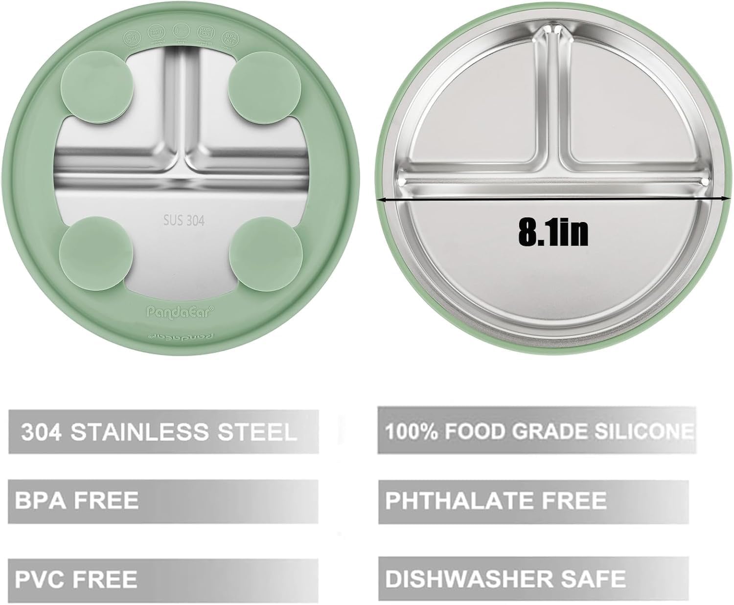 PandaEar 3er Set Edelstahl Baby Saugteller mit Deckel, Geteilter Kinderteller mit Saugnapf, Rutschfester Baby Teller für Beikost & Baby Led Weaning, Spülmaschinengeeignet, Blau Grün Braun