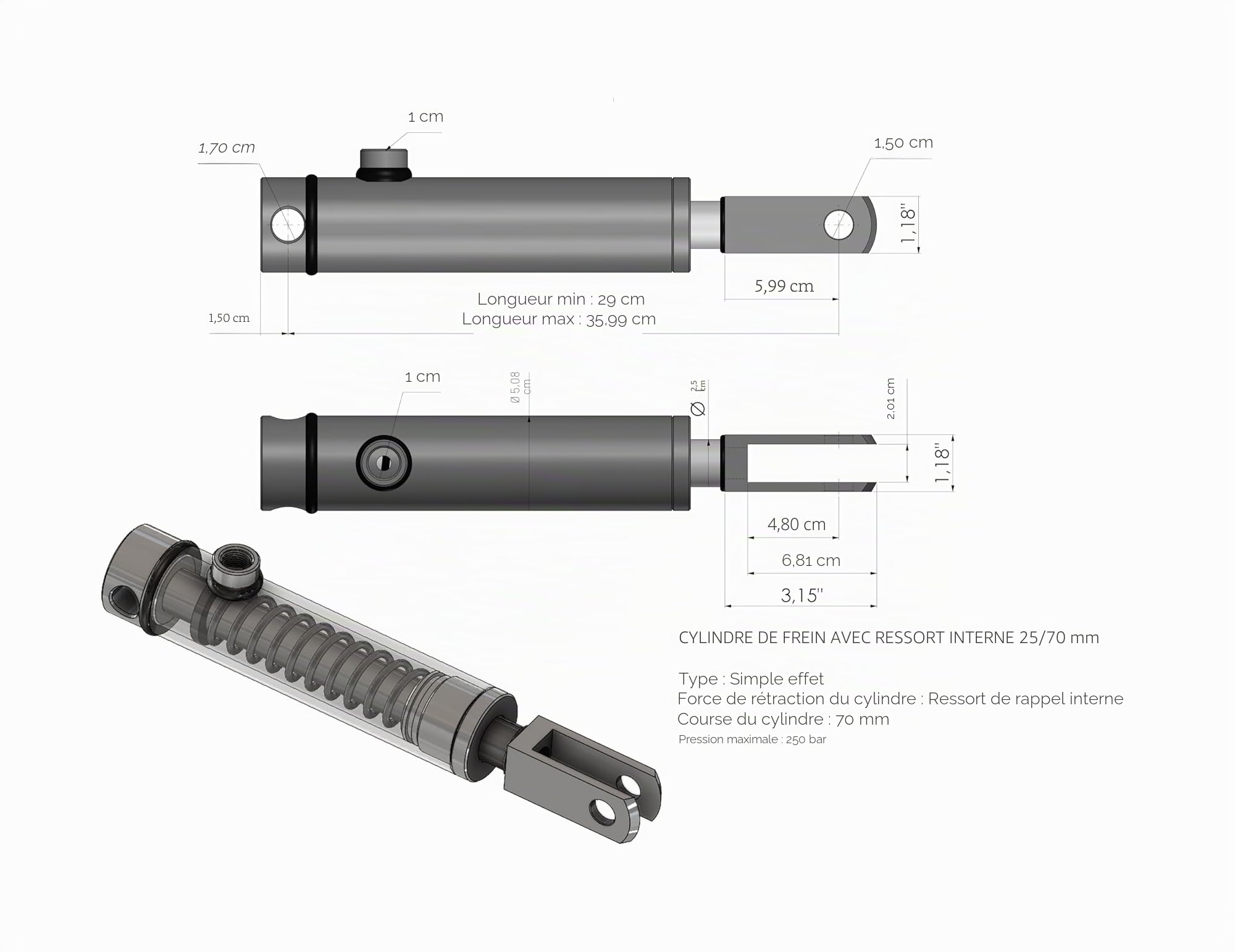 Spare Parts Holland - Vérin hydraulique simple effet avec ressort de rappel – Cylindre de frein pour remorque – Ø 40x50 mm, tige 25 mm, 250 bar