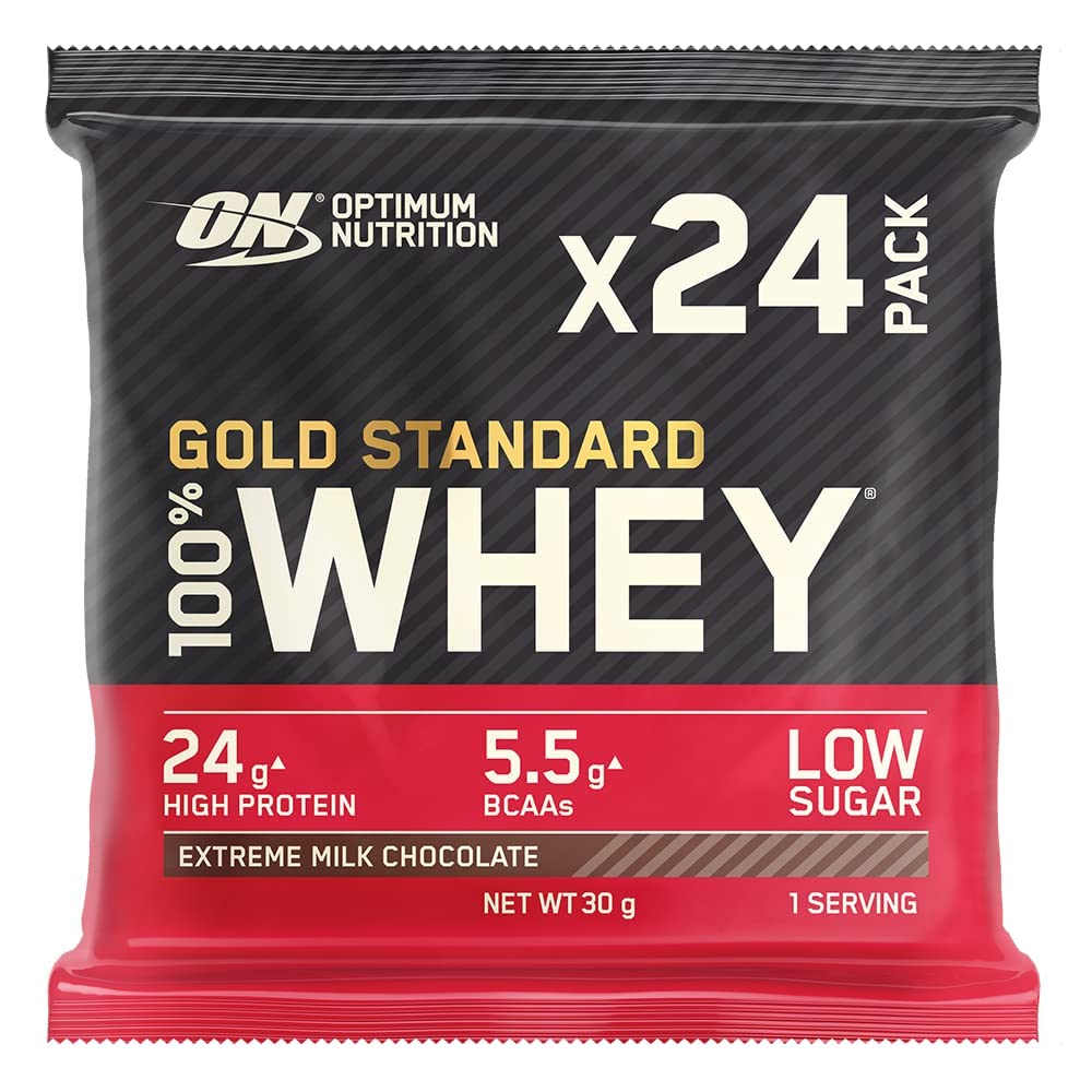 Optimum Nutrition Gold Standard 100% Molkenproteinpulver für Muskelaufbau und -regeneration mit natürlich vorkommendem Glutamin und BCAA-Aminosäuren, Extreme Milk Chocolate, 24 Packungen, 24 x 32g