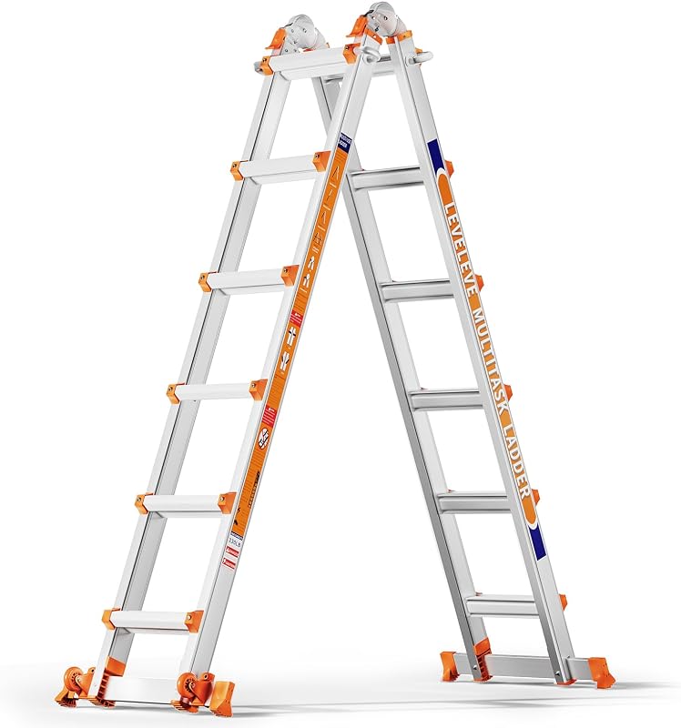 A Frame 6 Step Ladder, 20FT Extension Ladder with Stabilizer Bar & Wheels,330 lbs Security Load Multi Position Ladder for Stairs Home Indoor Outdoor Roof