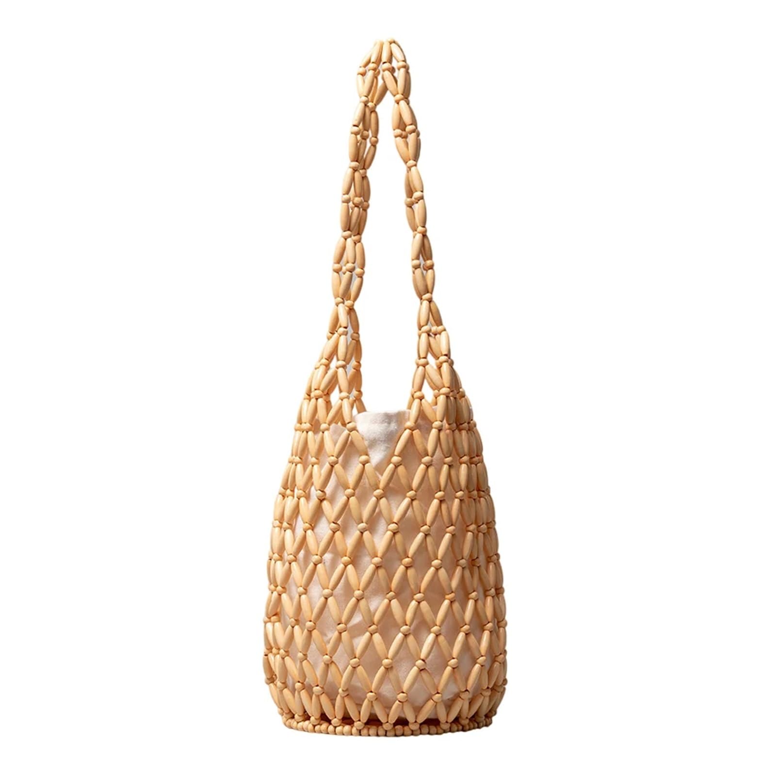 Bolso de Hombro de Paja Bolsos de hombro huecos for mujer, bolso mano tejido, con cuentas madera, playa asa superior for verano