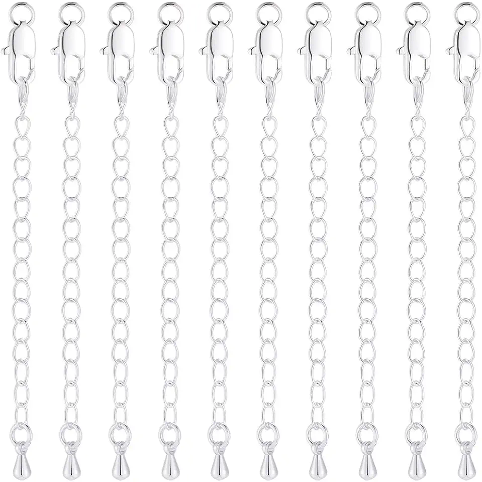 Beebeecraft 1 caixa 10 peças extensor de corrente de freio banhado a prata esterlina 925 latão 7,6 cm com fecho de garra de lagosta para colar, pulseira, tornozeleira, fabricação de joias faça você