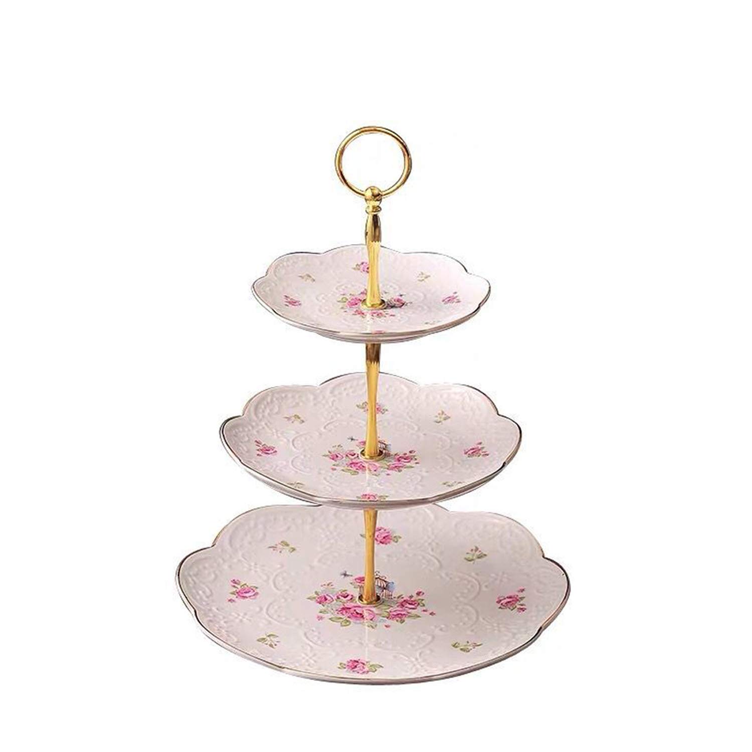 YBK Tech 3 Tier Porcelain Ceramic Serving Platter Cake Plate Stand Dessert Display Cakes Platter Food Rack - Floral Design