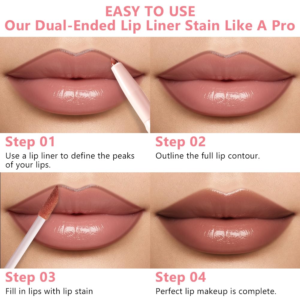 Lip Liner Stain, konturówka do ust 2 w 1 i błyszczyk do ust z dwoma końcówkami, wodoodporna plama do ust Peel Off Finish o wysokiej pigmentacji i gładkości, konturowanie, do wszystkich rodzajów