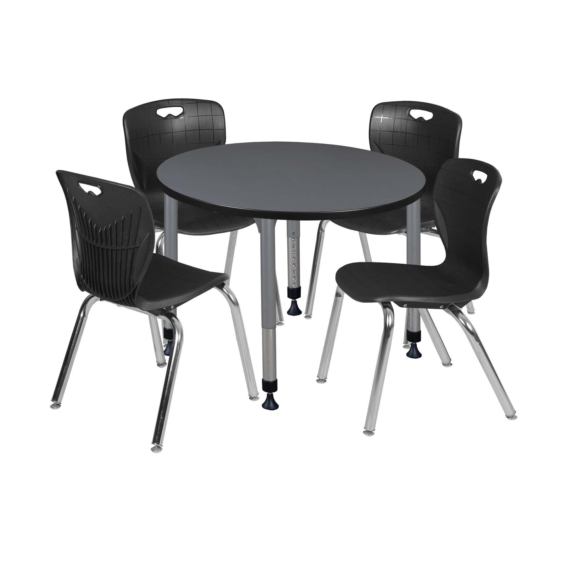 Romig Kee Round Classroom Activity Table & Chairs Height adjustable1, 42 x 42, Black|Chrome|Grey