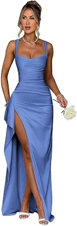 Satin Mermaid Prom Dresses for Women Spaghetti Strap Formal Evening Gown with Slit YOM069