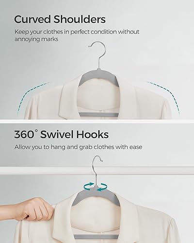 Miniatura 7 de SONGMICS Paquete de 50 perchas de terciopelo antideslizantes, perchas para trajes con muescas de hombro, barra para pantalones, gancho giratorio