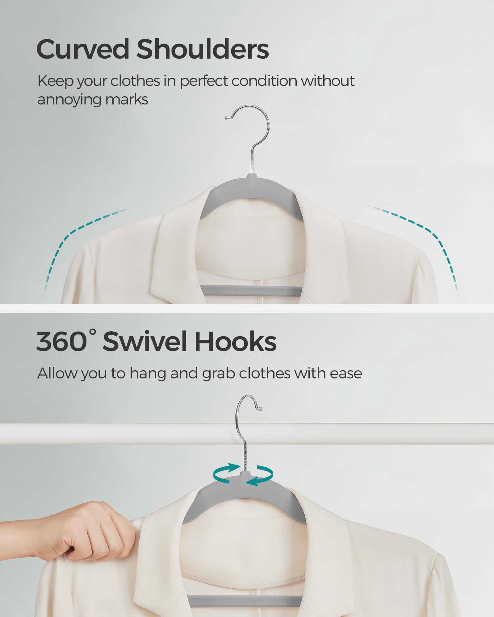 SONGMICS Velvet Hangers 50 Pack, Non-Slip Clothes Hangers, with Shoulder Notches, Pants Bar, 360Â° Swivel Hook, Space-Saving, for Closet, Dove Gray UCRF029G50