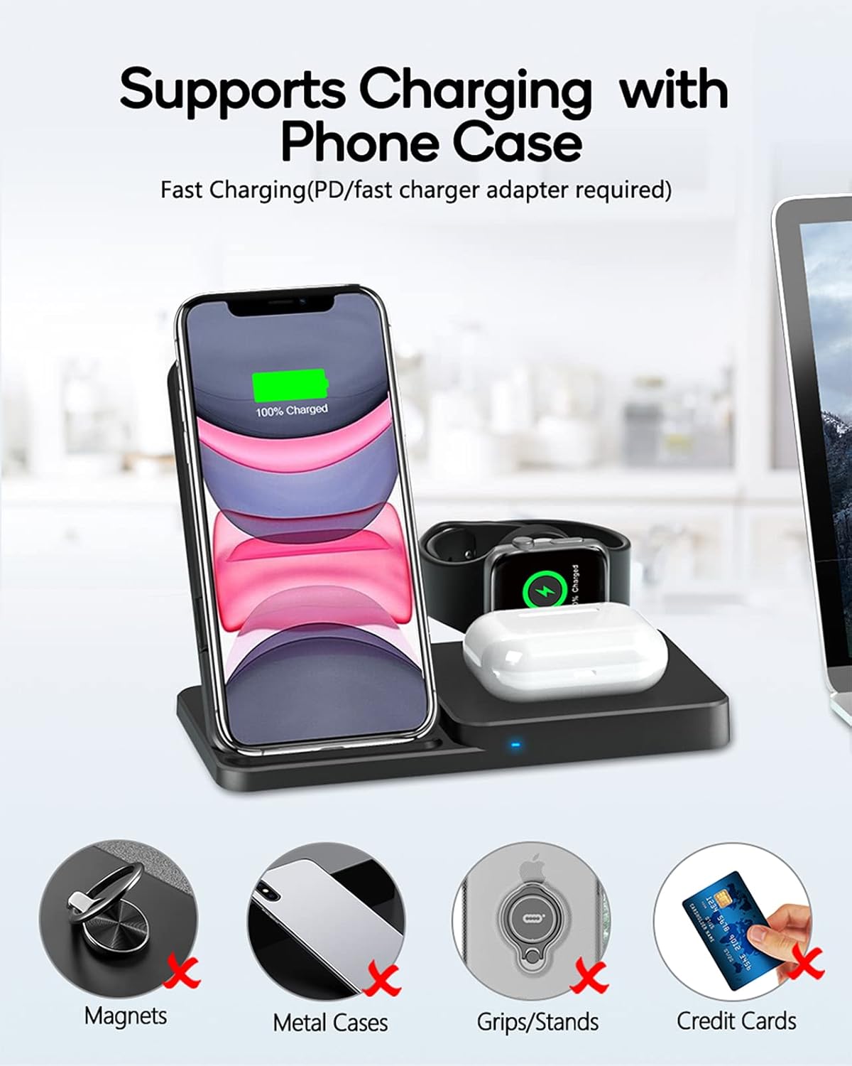 🔥 Hot Deals Wireless Charger, Qi-Certified Fast Wireless Charging Station for AirPods/Apple Watch Series/iPhone 12/11/11 pro/11 Pro Max/XS/XS Max/XR/8/8 Plus/SE,Adjust Wireless Charging Stand for Samsung