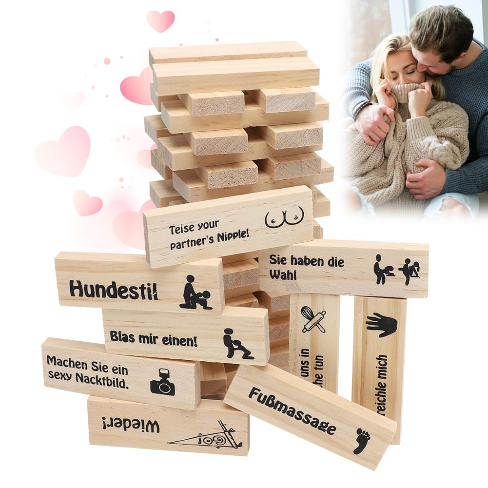 DASIAUTOEM The Lust Tower Blocks, Naughty for Adults, Love & Naughty Stacking Tower Wooden Blocks, 48 Wooden Blocks with Truth or Dare Questions and Challenges for Couples Dates