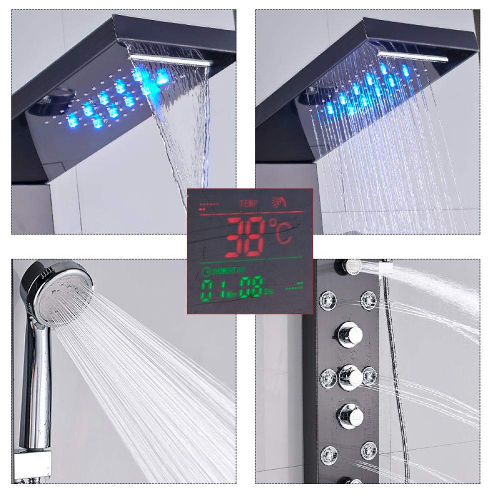 Panel prysznicowy LED z kranem, głowica wodospadowa, głowica prysznicowa, temperatura, deszczownica, bateria prysznicowa, szczotkowany nikiel
