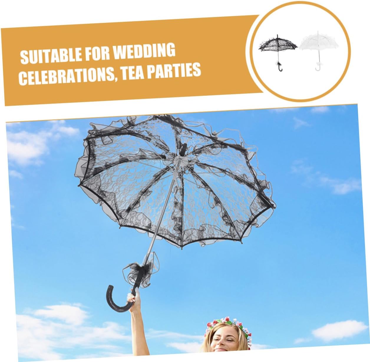 2pcs Black and White Lace Parasol Umbrella for Wedding Bridal Vintage Sun Shade, Decorative Embroidery Stick Umbrella for Women, and Tea Party Accessories