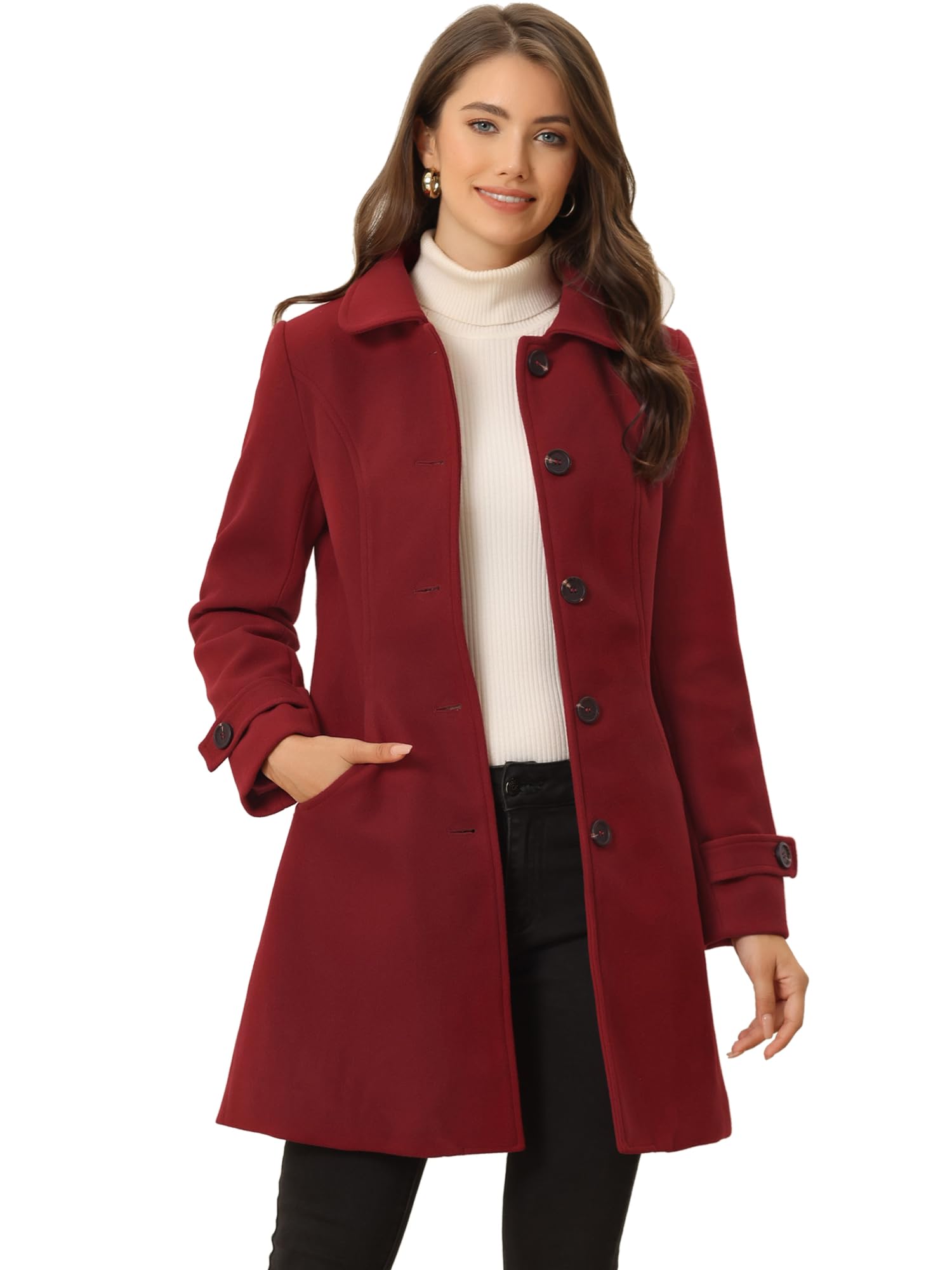 Allegra K Women's Winter Outerwear Overcoat Peter Pan Collar Mid-thigh A-line Single Breasted Pea Coat, Red, M