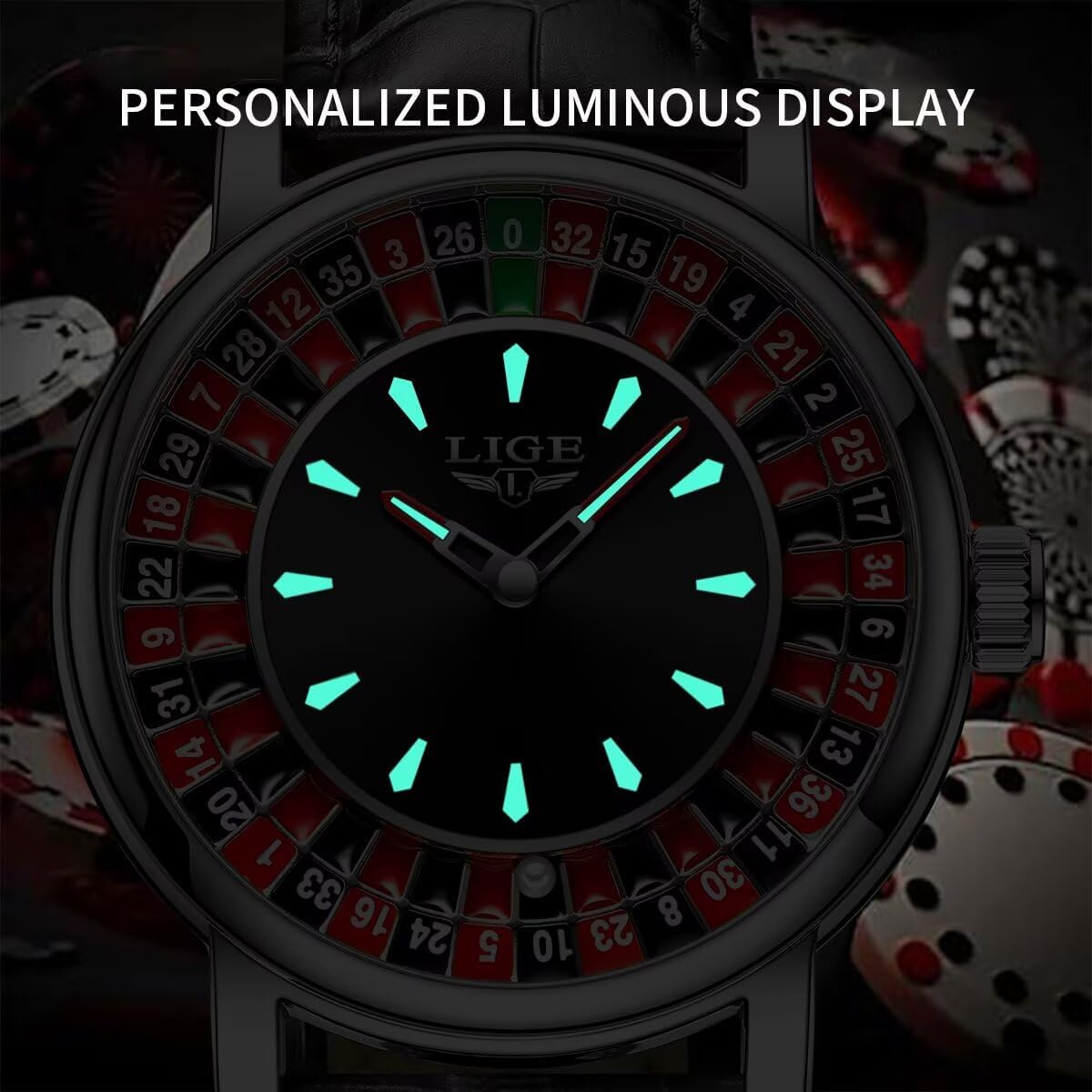 SACOSDING watch with luminous hands and markers glowing in the dark