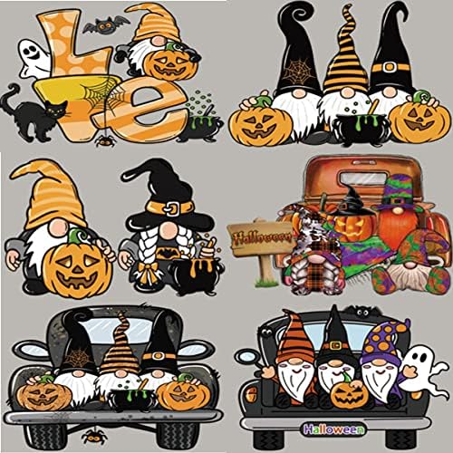 Halloween Iron on Patches Heat Transfer Thermal Sticker for Clothes Thermoadhesive Stickers Pumpkin Dwarfs Cars DIY Washable T-Shirts Coat Applique Bags Decorations Garments Accessories 6 Sheets