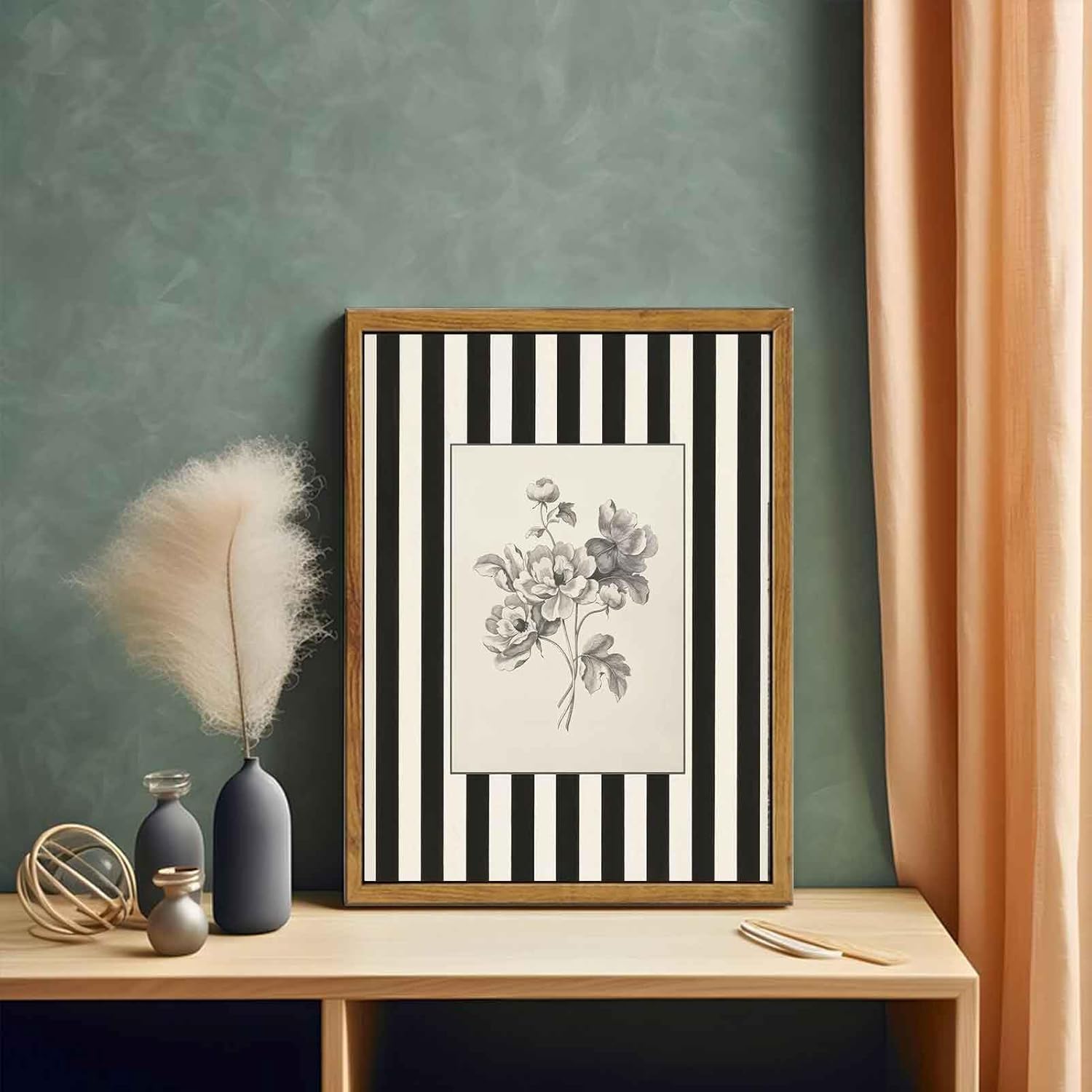 Yellow Framed Stripes Flower Canvas Wall Art Black White Striped Floral Painting Decor Pictures Vintage Sketch Plant Orchid Bedroom Living Posters Prints for Corridor Kitchen Room Decoration