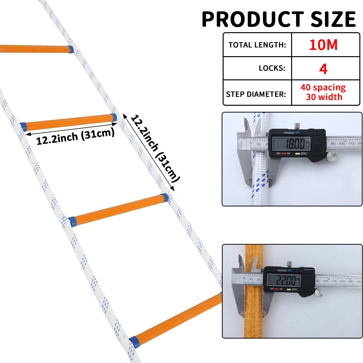 10 M Escalera de Cuerda, Cuerda Emergencia, Escalera de Incendios con Mosquetones, Escalera de Rescate, Capacidad de Carga de hasta 600 Kg, para Ventanas de Balcón Exterior