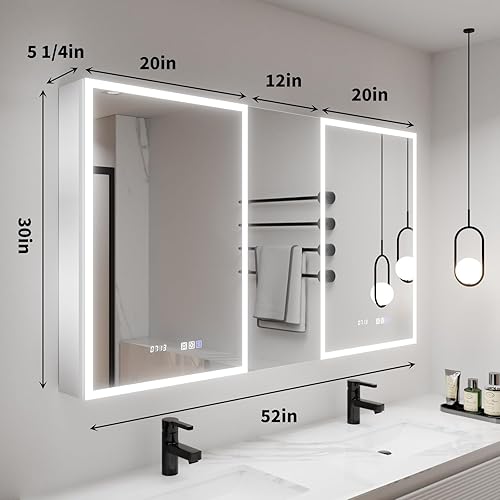 Miniatura 8 de ExBrite Botiquín de baño con luz LED de 52 x 30 pulgadas, botiquín LED con gabinete de almacenamiento extra cerrado, desempañado, temperamentoreloj,