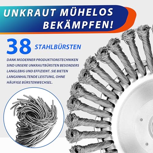 WEGLUST 38 Stahl-BÜRSTEN Unkrautbürste Unkrauttrimmer Wildkrautbürste Motorsense Freischneider Rundbürste für Motorsense - 200x25,4mm Drahtbürste mit Kegelform entfernt mühelos Unkraut und Moos