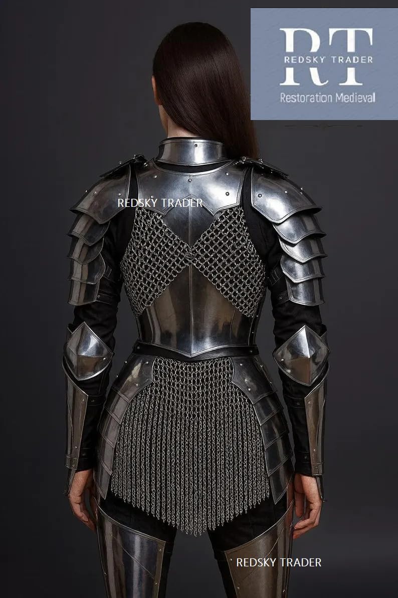 Medieval Steel Lady Armor Set – Breastplate, Gorget, Pauldron, Arm & Leg Armor with Chainmail – LARP Cosplay Halloween Costume for Women