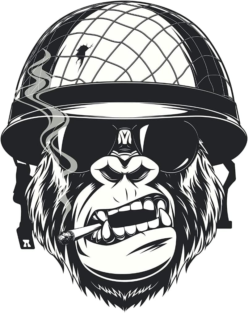 AK- Cool Black and White Gorilla Monkey Soldier Cartoon Vinyl Decal Bumper Sticker: Size 5"