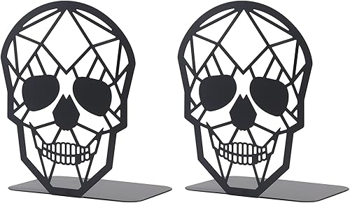 3 pares de sujetalibros de metal con diseño de calavera negra, sujetalibros resistentes para estantes, extremos de libro de cráneo negro para libros