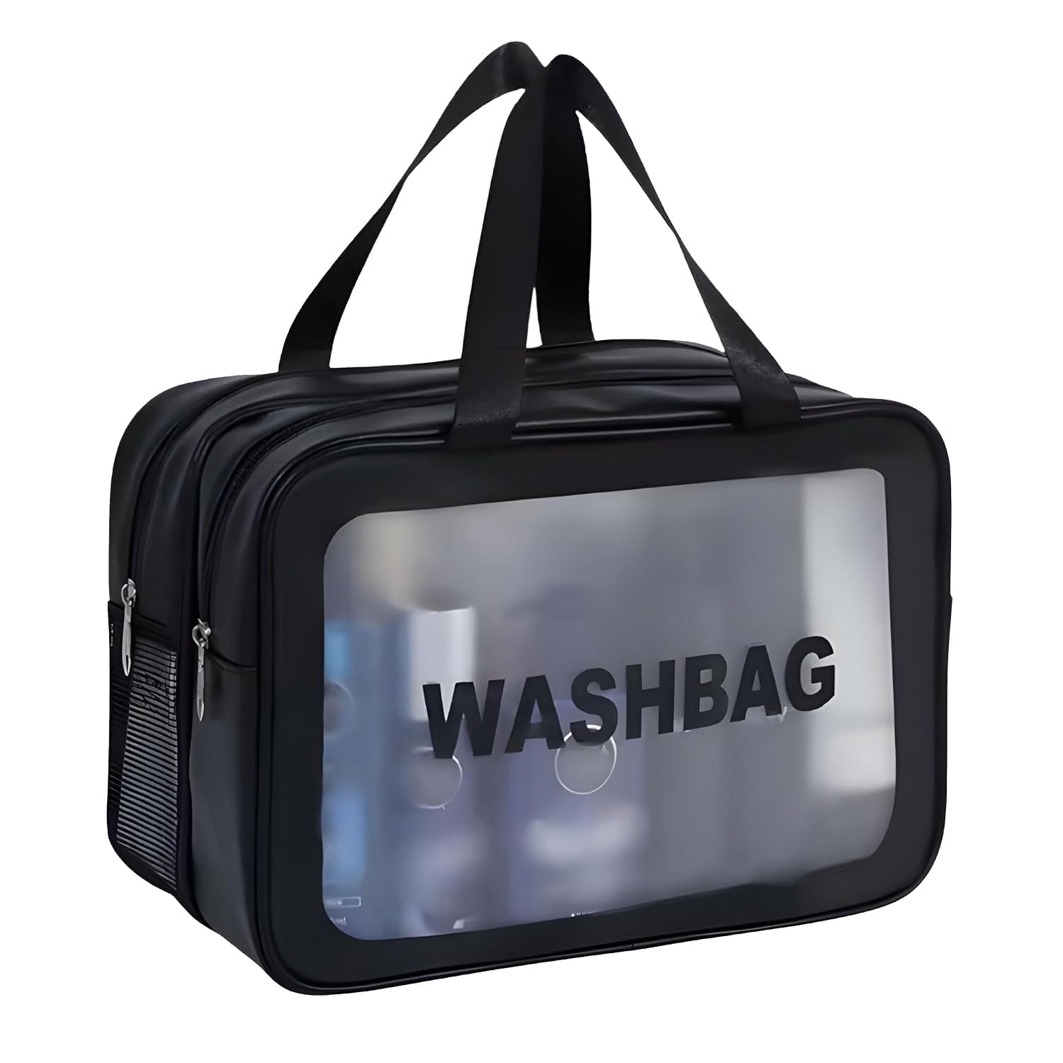 Wash Bag Pouch for Travel Kit Toiletry Bag Cosmetic Bag Make Up Box for Brushes, Accessories with Handle, Large Capacity Translucent Waterproof Travel Storage Mini Size 21X13X7 (Black)-image-33