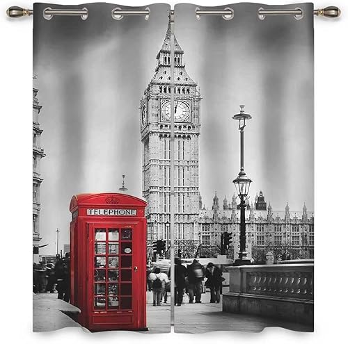 Miniatura 1 de London - Cortinas aisladas de 2 paneles de cortinas rojas y grises para guardería (55 pulgadas de ancho x 55 pulgadas de alto)
