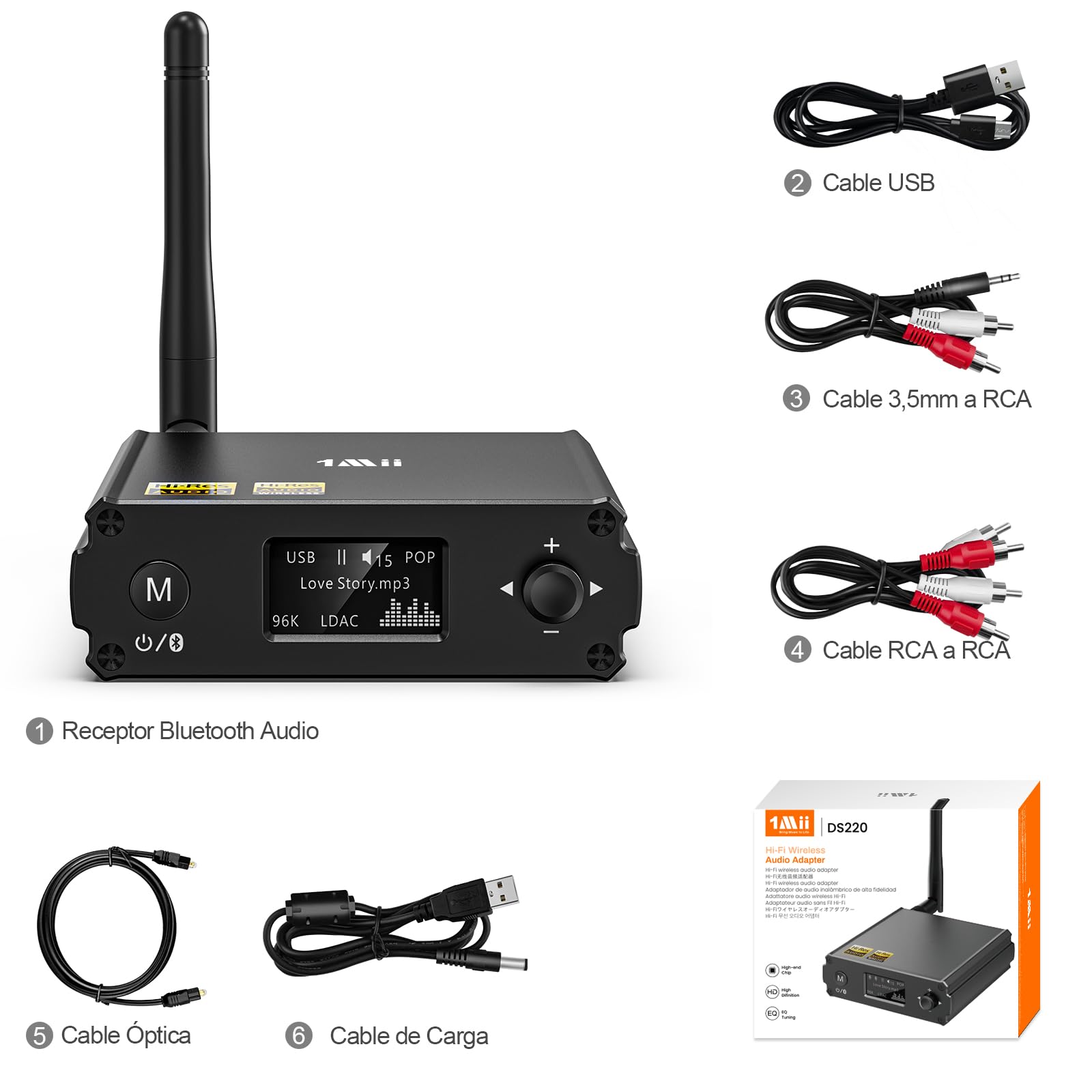 1Mii DS220 Receptor Bluetooth HiFi, Adaptador Bluetooth 5.3 Audio con DAC Audiófilo, Hi-Res LDAC/aptX HD/Baja Latencia, con Salida Óptica/RCA, Modo EQ Pantalla OLED para Estéreo