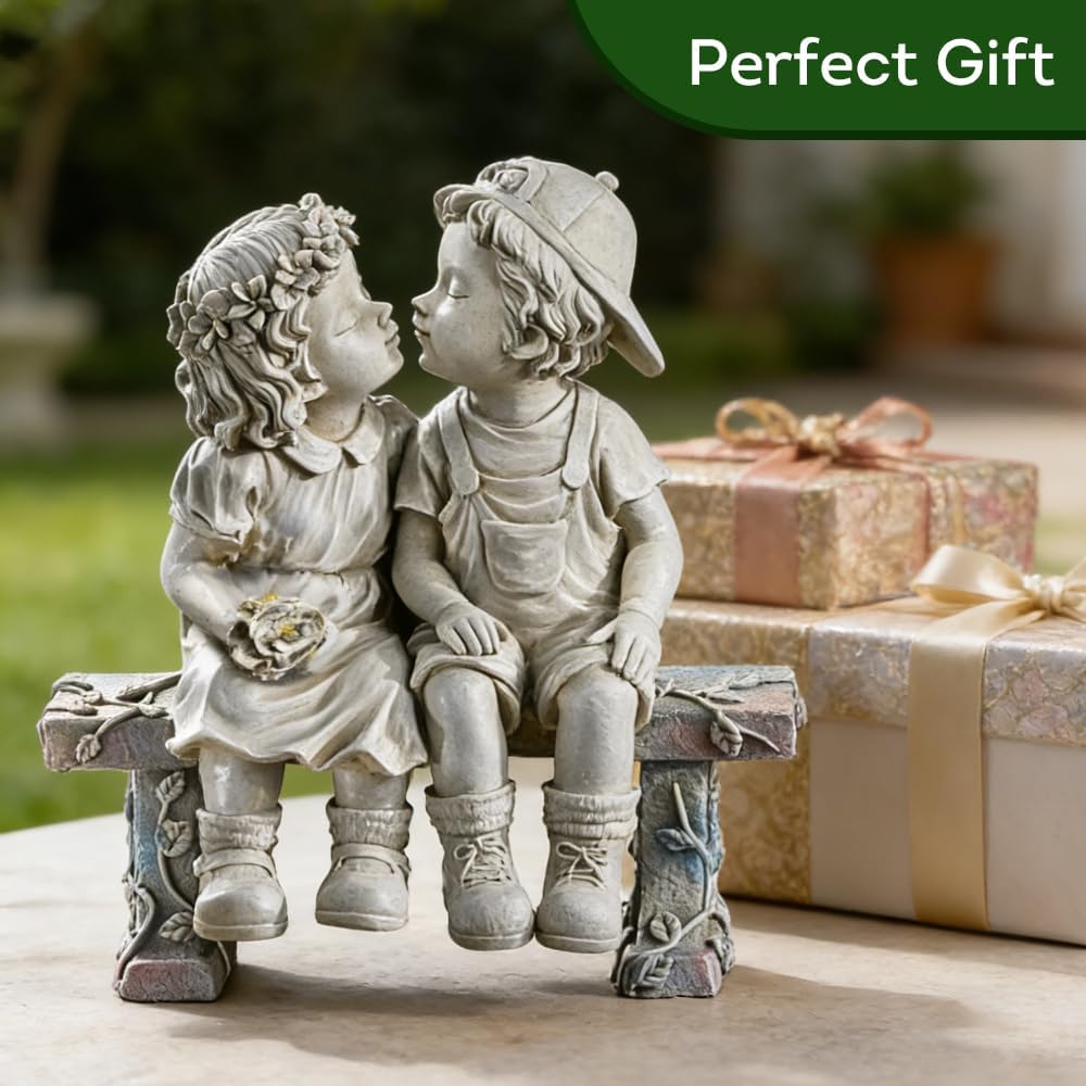 Lily's Home First Kiss Garden Statue with Solar Light - Adorable Boy & Girl Yard Miniature - Outdoor Waterproof Decor – 8 ¼" H for Yard Decorations - Solar Garden Statues Decor