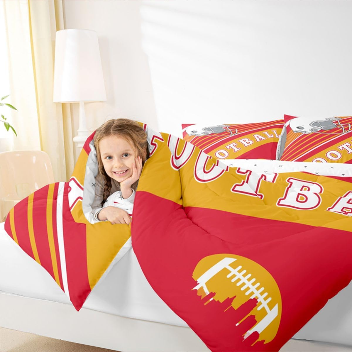 Erosebridal Gridiron Comforter Set Rugby Decor Sports Game Bedding Comforters & Sets Twin, Boys Football Bedding Red Yellow White Striped Duvet Insert 2Pcs