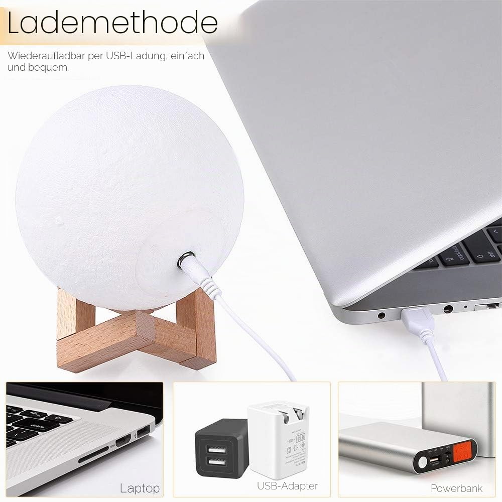 AGM LED Mondlampe 16 Farben Nachtlicht Stimmungslicht mit Fernbedienung und Touch-Steuerung Dimmbar Mondlamp Ø15 cm 3D Druck mit Holzhalterung für Schlafzimmer Café Bar Esszimmer